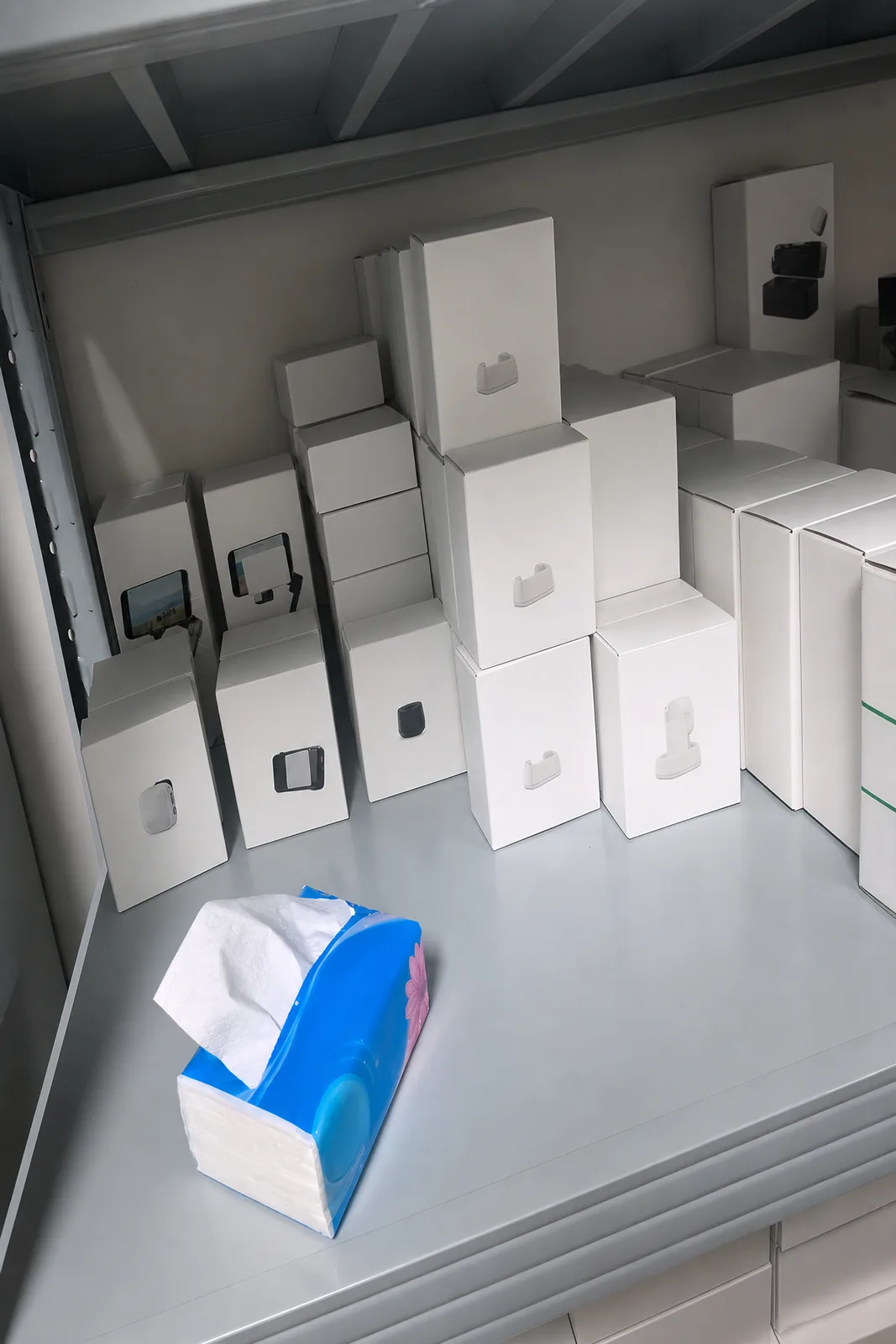 A shelf of small boxed accessories in the stock room