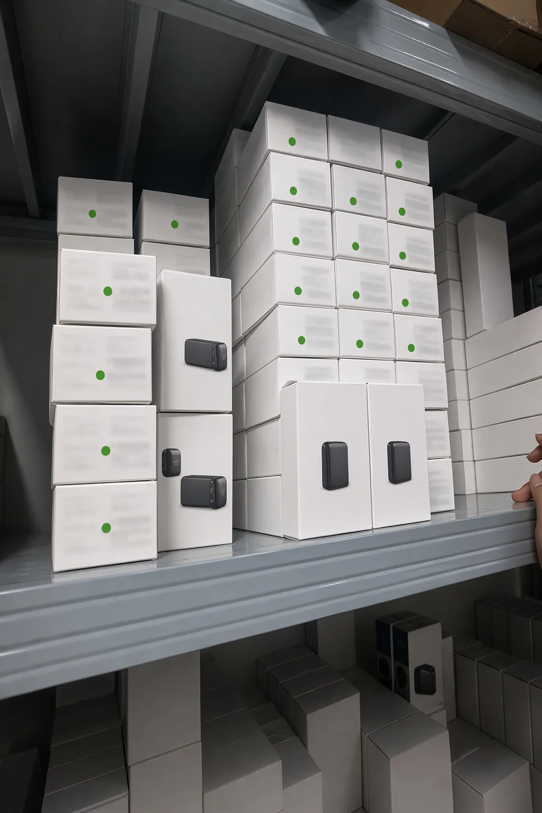 Shelves of small white boxes with green dots on the labels; the label text is blurred